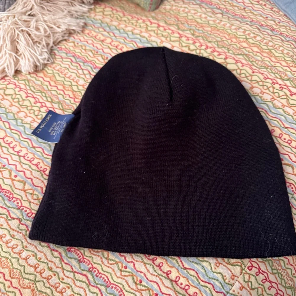 US Polo Assn Hat Beanie Knit Reversible Black Gray Striped Embroidered Winter